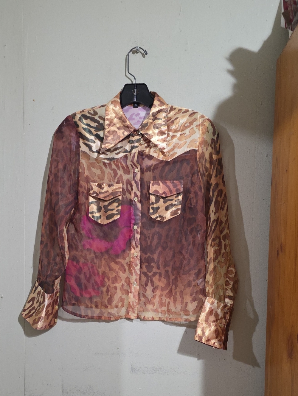 Sheer Leopard-Print Button-Up Blouse - Brown Us3d Size M